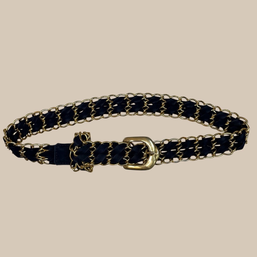 Parisian chic waist belt Sz XS-S Vintage Y2K glam woven blue gold chain